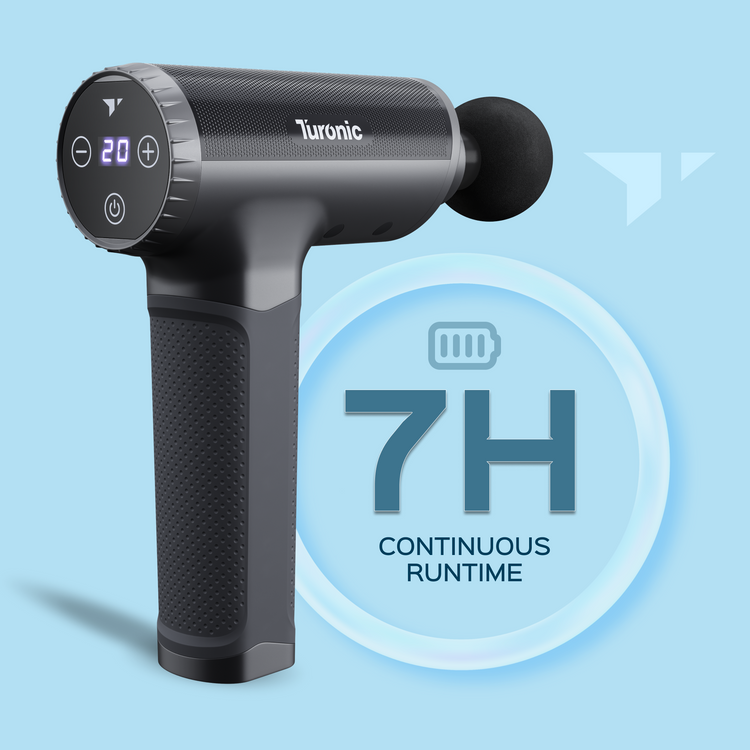 Turonic massage gun with 7-hour runtime on a blue background