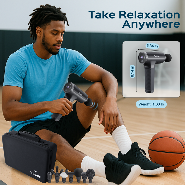 Man using a massage gun with product details and branding on a sports court background