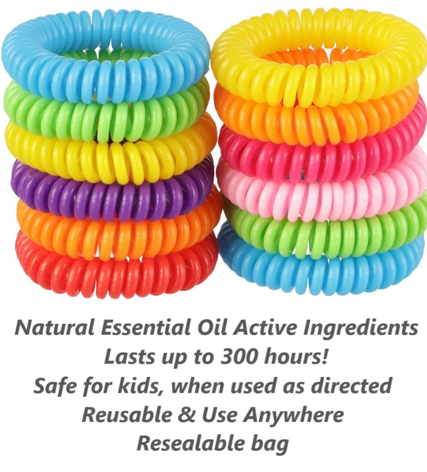 Stack of colorful spiral hair ties with text about natural essential oil active ingredients.