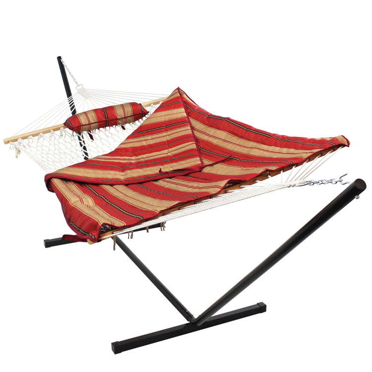 Sunnydaze Cotton Rope Hammock with 12-Foot Stand - Pad & Pillow