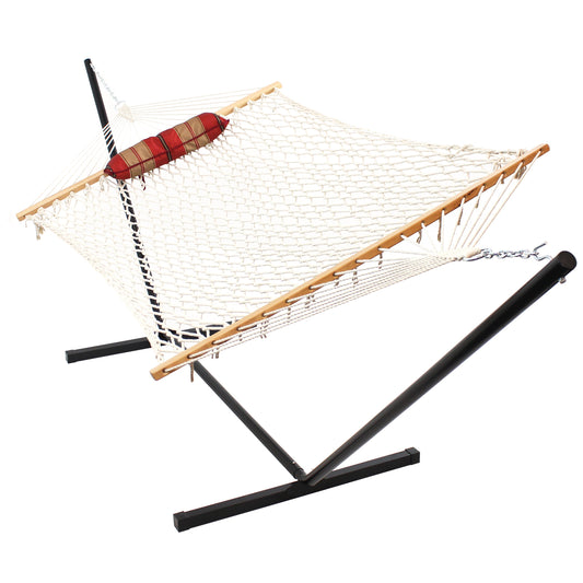 Sunnydaze Cotton Rope Hammock with 12-Foot Stand - Pad & Pillow
