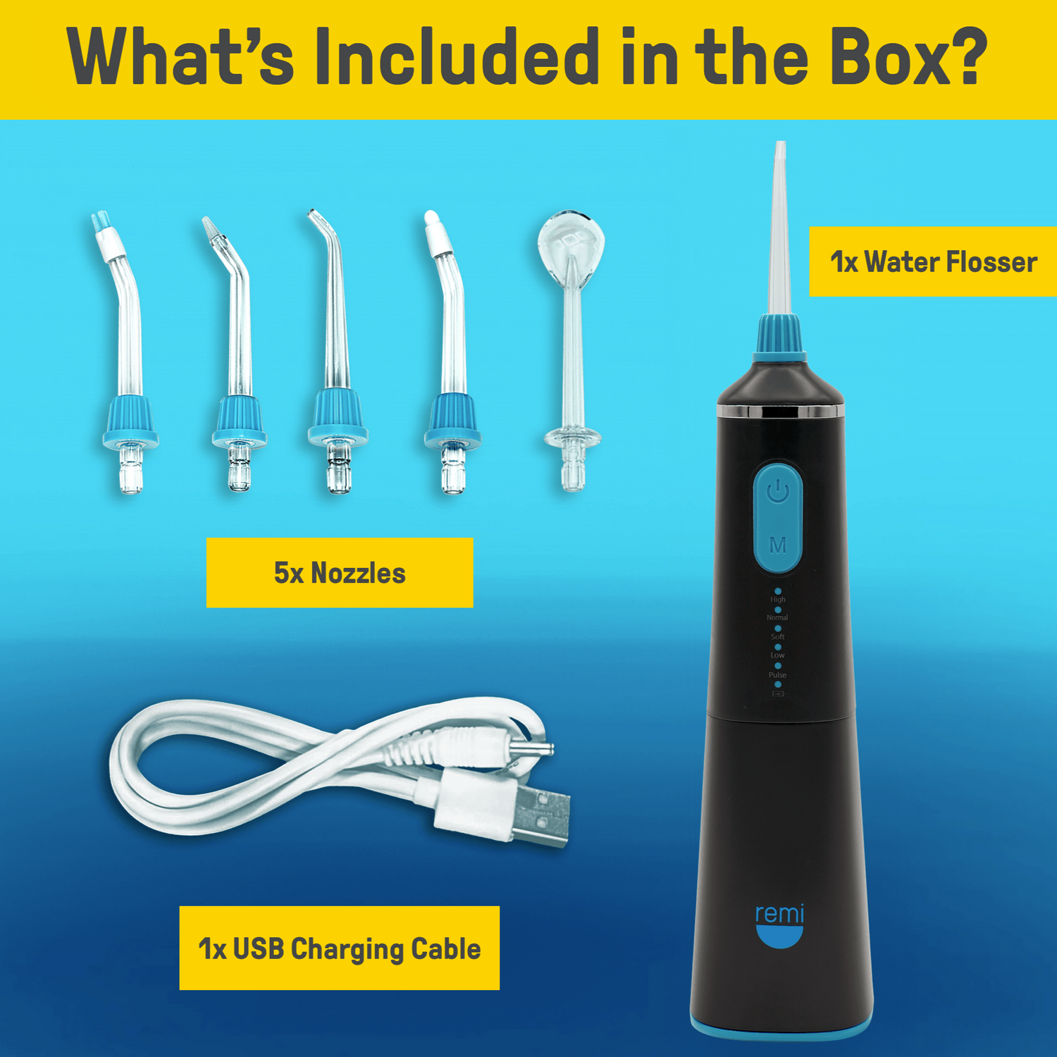 Black water flosser with nozzles, USB charging cable, and nozzle on a blue background