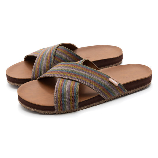 Pair of sandals with striped straps on a white background
