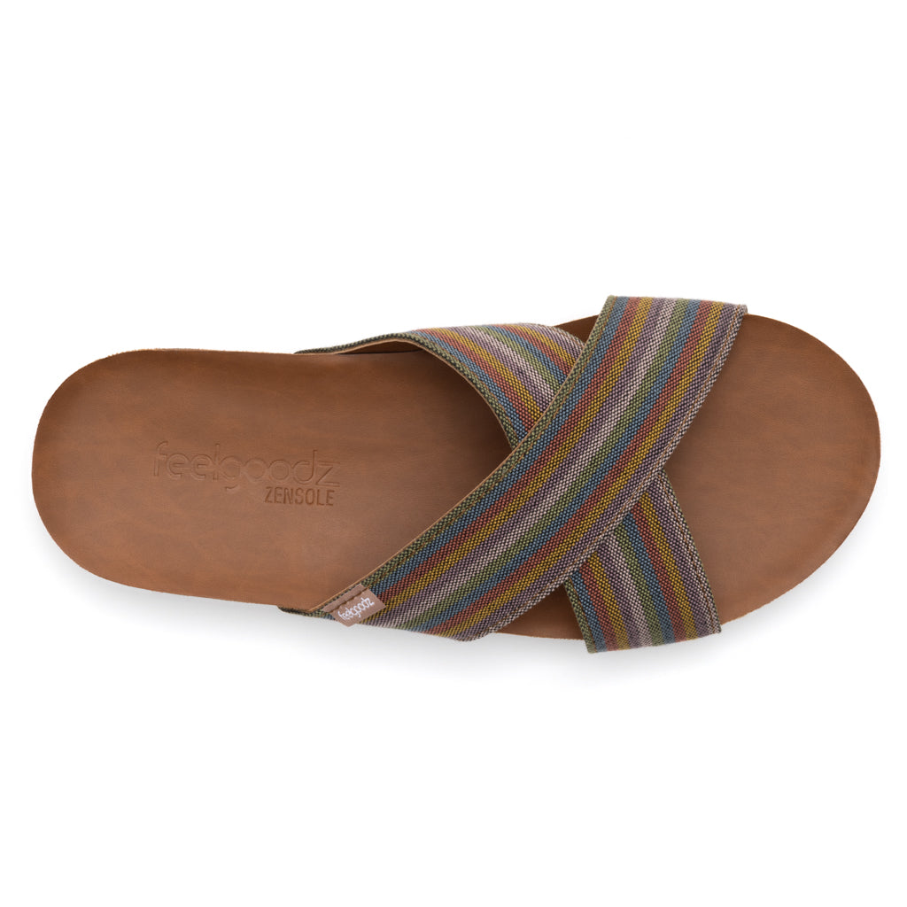 Brown sandal with striped straps on a white background