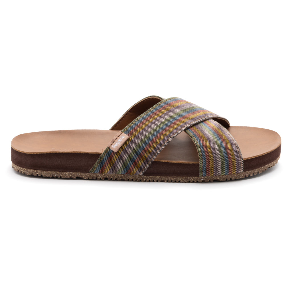 Multicolored striped sandal on a white background