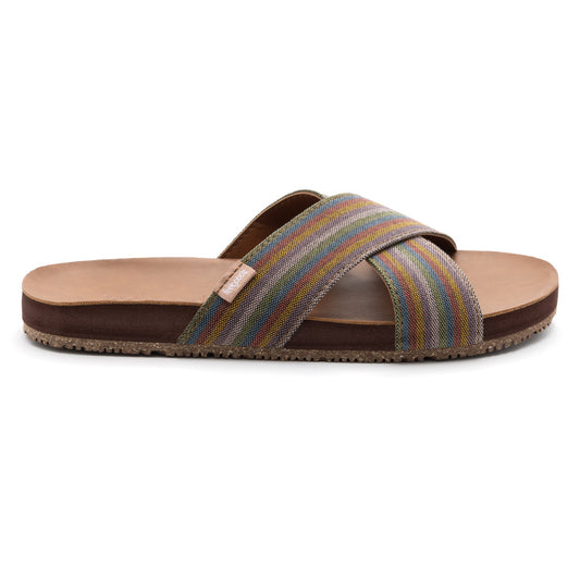 Pair of sandals with striped straps on a white background