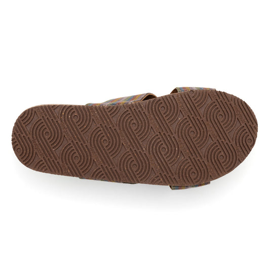 Pair of sandals with striped straps on a white background