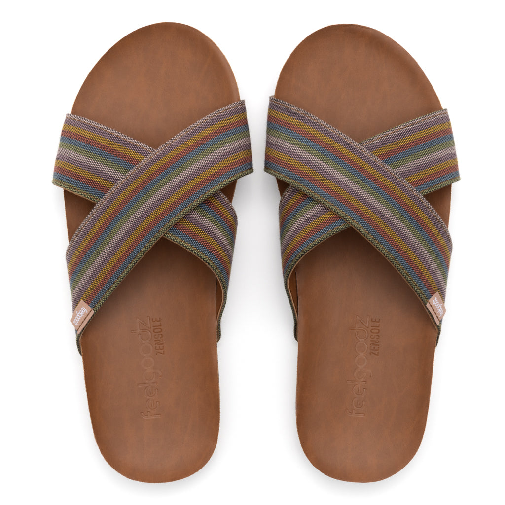 Pair of brown sandals with striped straps on a white background
