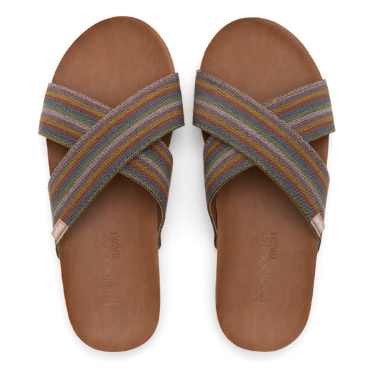 Pair of sandals with striped straps on a white background