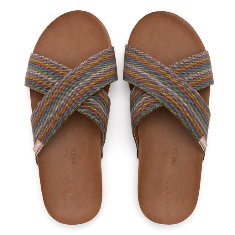 Pair of brown sandals with striped straps on a white background