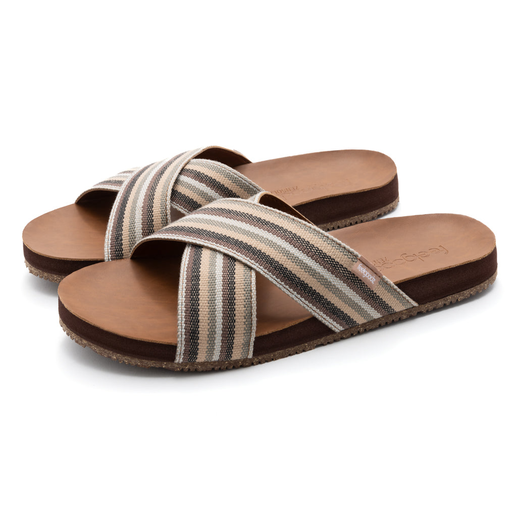 Pair of striped sandals with brown soles on a white background
