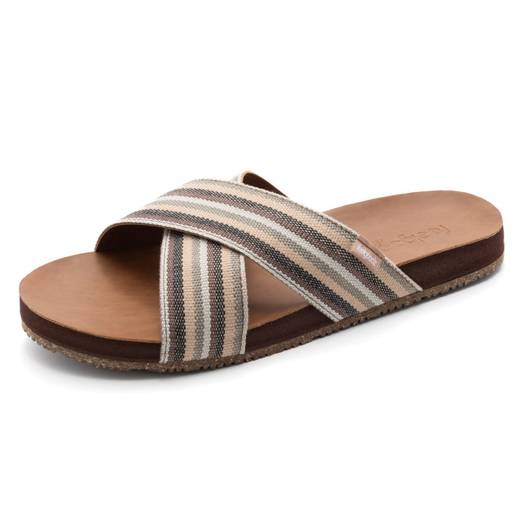 Striped sandal with brown sole on a white background