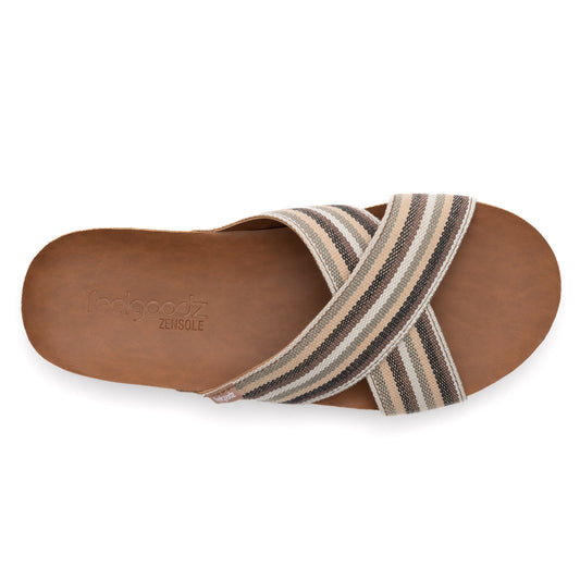 Pair of striped sandals with brown soles on a white background