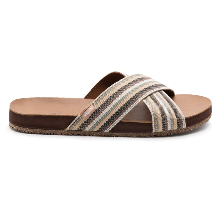Striped sandal with brown sole on a white background