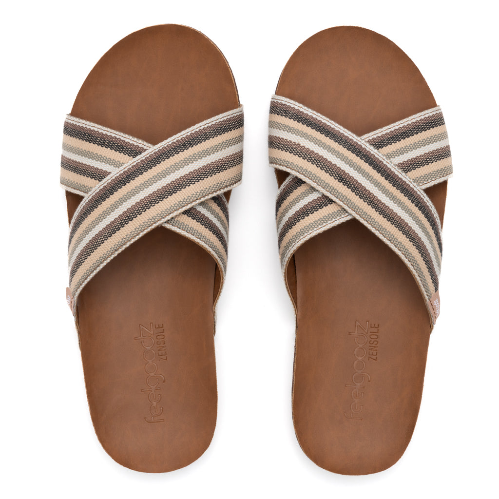 Pair of striped sandals with brown soles on a white background