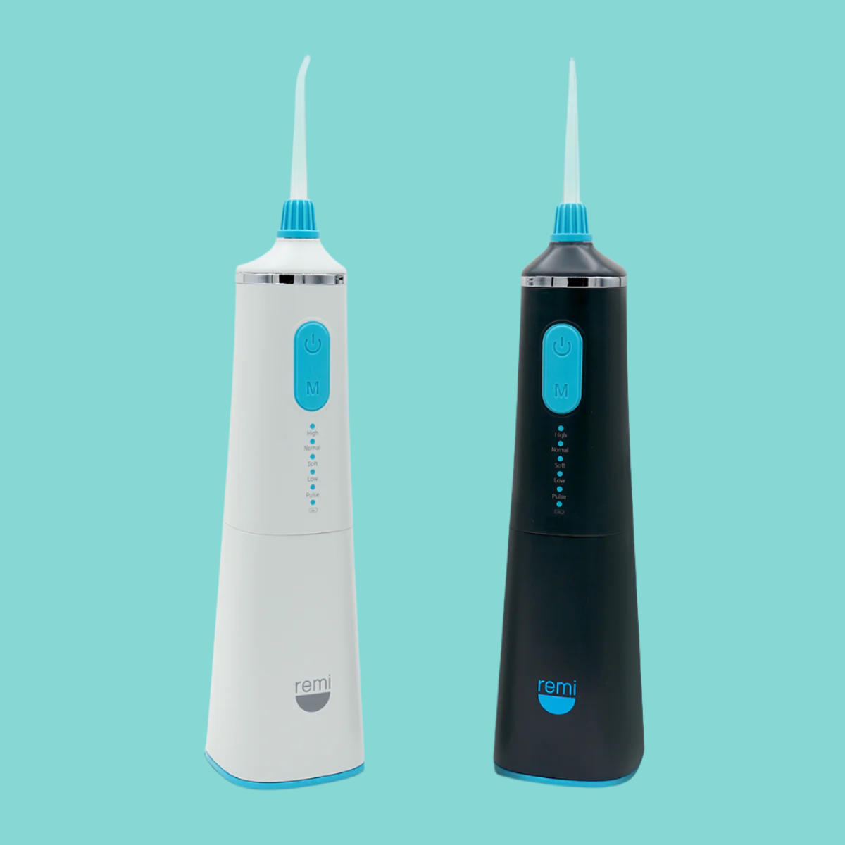 Two dental water flossers, one white and one black, on a teal background.