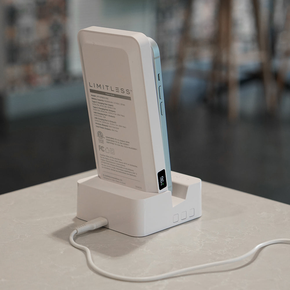 Limitless power bank on a charging stand with a blurred background