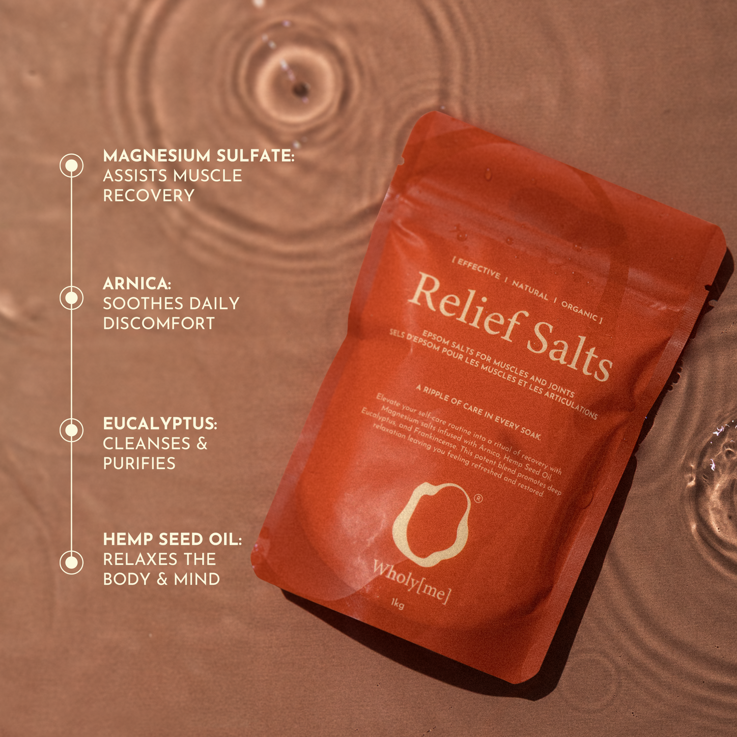Red package of 'Relief Salts' with ingredients listed on a brown background