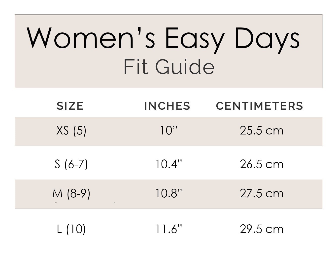 Fit guide for women's clothing with size measurements in inches and centimeters.