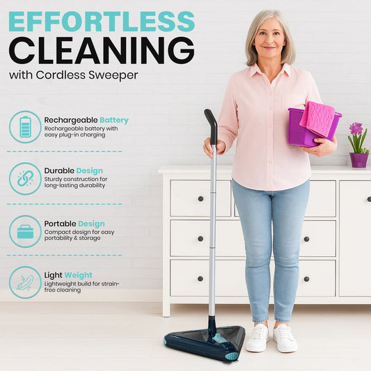 Cleaning tool with extra battery pack and replacement bristles on a white background