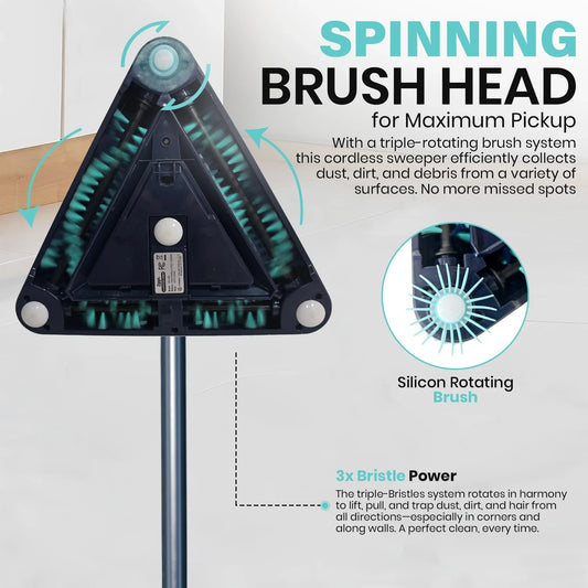 Cleaning tool with extra battery pack and replacement bristles on a white background