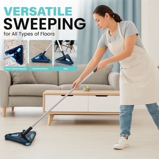 Person using a versatile sweeping tool in a living room with text 'Versatile Sweeping for All Types of Floors'.