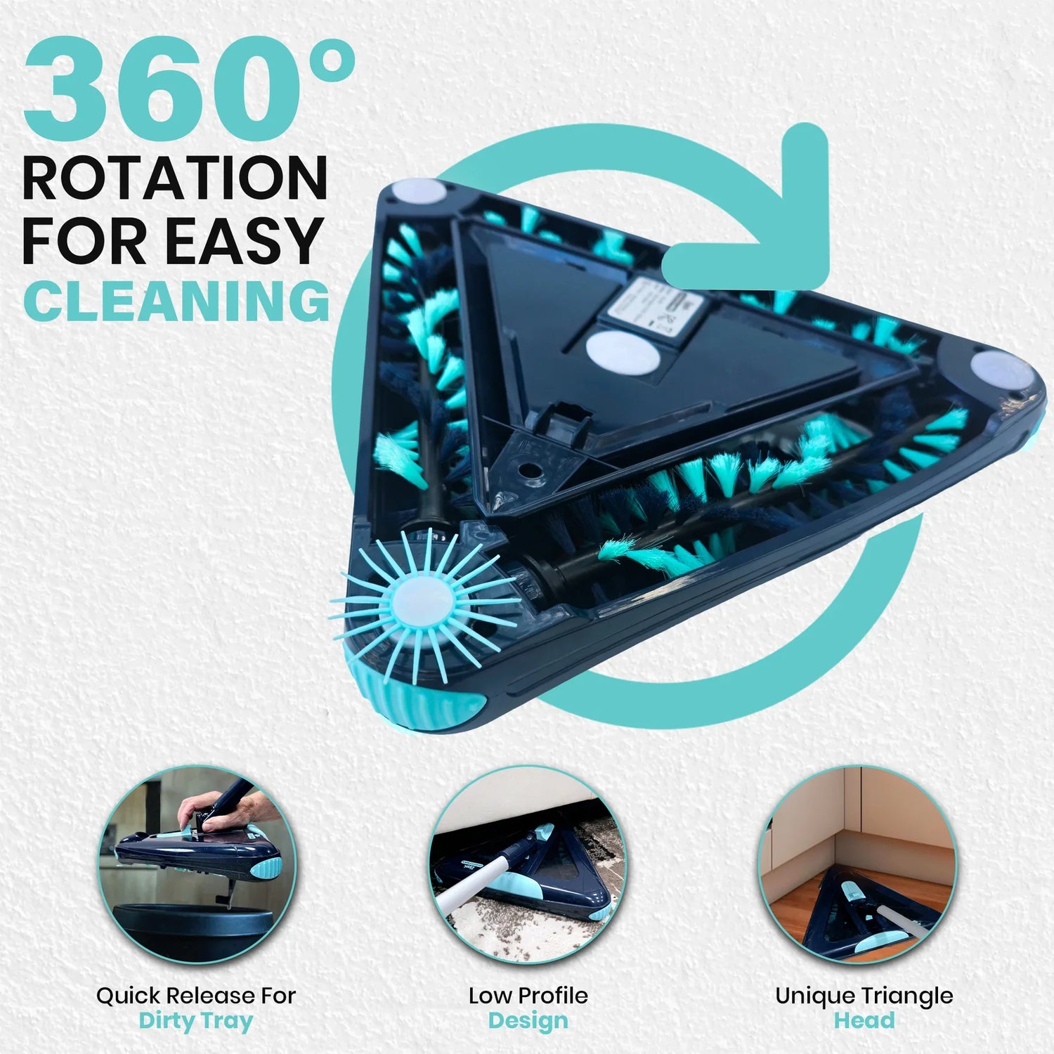 Cleaning tool with 360-degree rotation feature on a light gray background