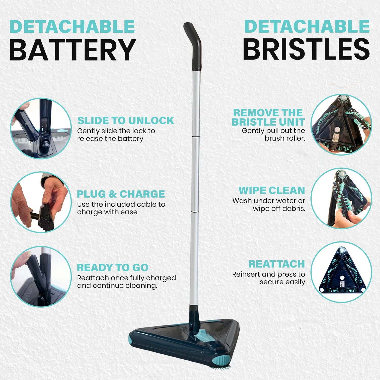 Cleaning tool with detachable battery and bristles, featuring instructions on how to use it.