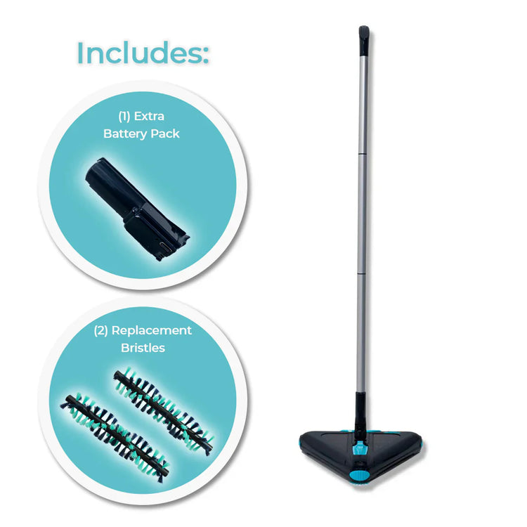 Cleaning tool with extra battery pack and replacement bristles on a white background