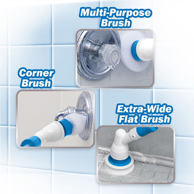 Multi-purpose cleaning brush with corner and flat brush attachments on a tiled background