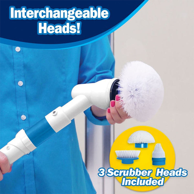 Cleaning tool with interchangeable scrubber heads held by a person wearing a blue shirt.