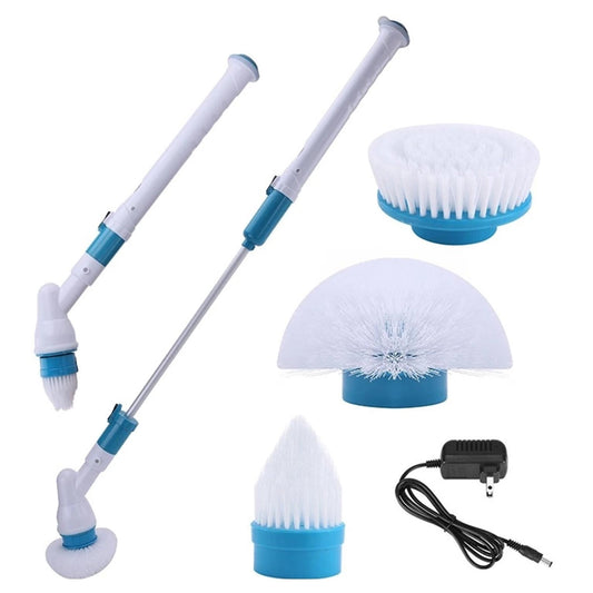 Cleaning tool set with various brushes and a power cord on a white background
