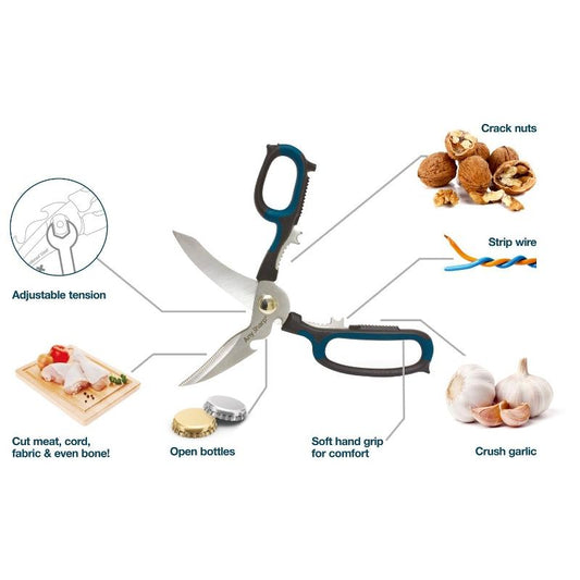 A pair of black and blue AnySharp 5-in-1 multifunction scissors with serrated blades and additional tools integrated into the handles.