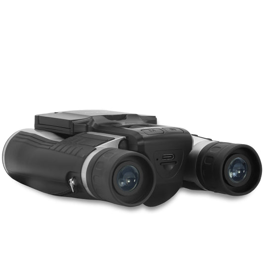 Digital binoculars with a small screen displaying an image of birds on a white background