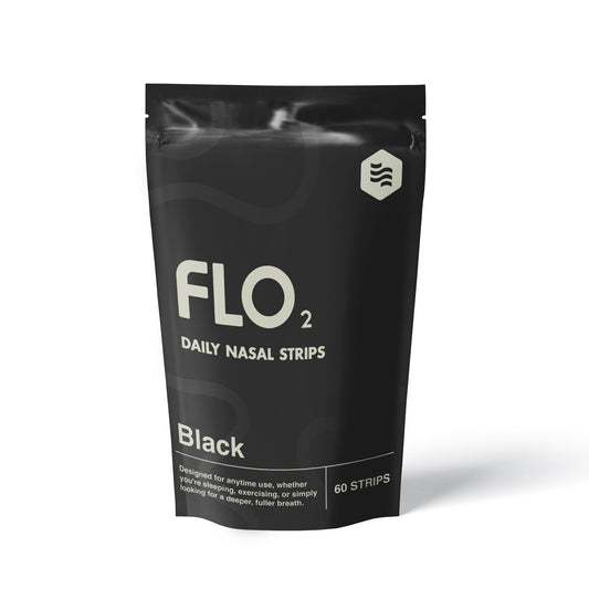 Black package of FLO2 Daily Nasal Strips on a white background