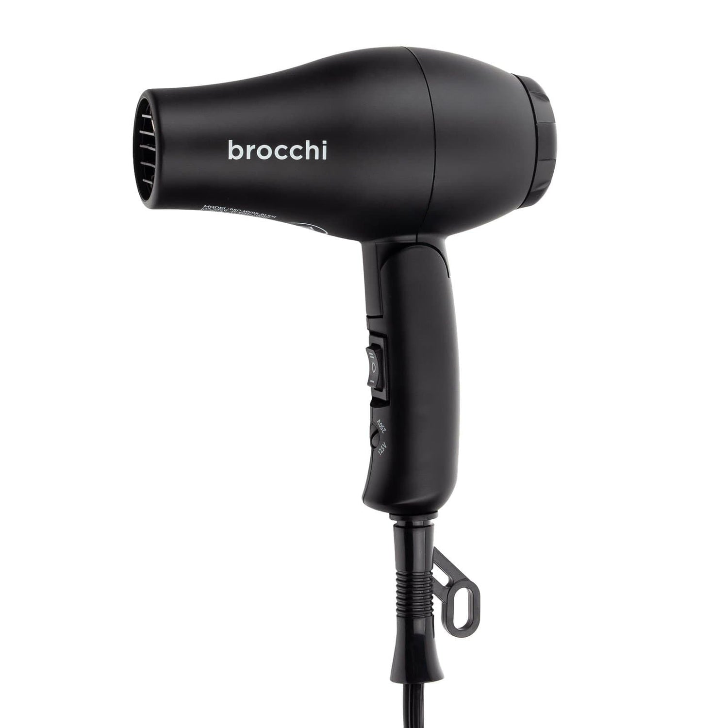 Black hair dryer with 'brocchi' branding on a white background