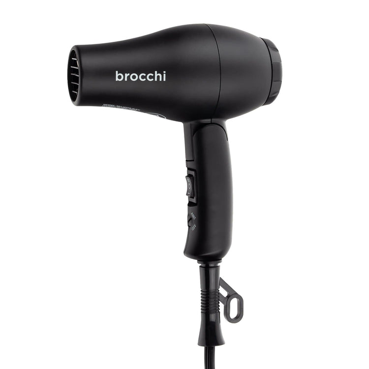 Black hair dryer with 'brocchi' branding on a white background