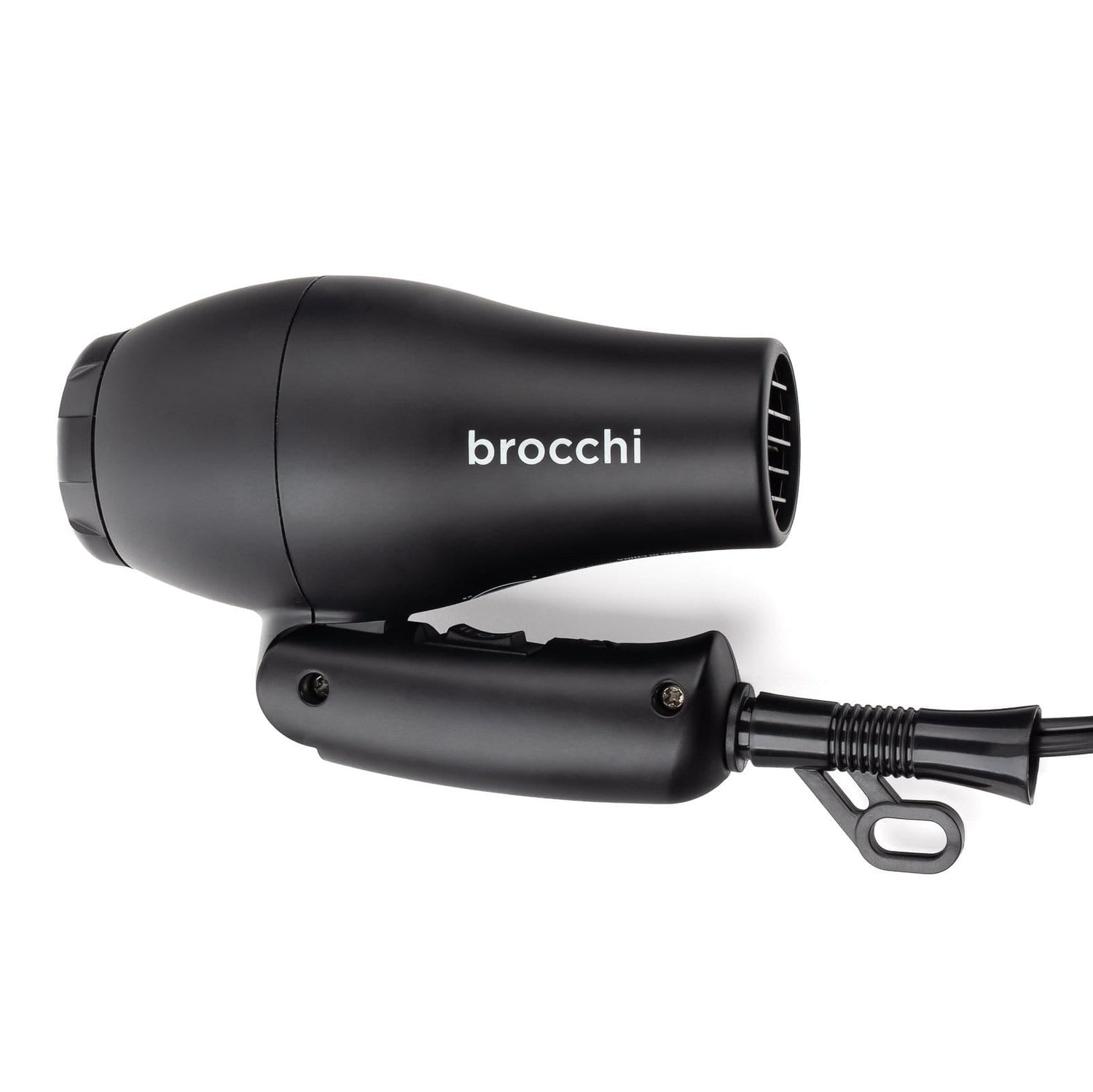 Black hair dryer with 'brocchi' branding on a white background