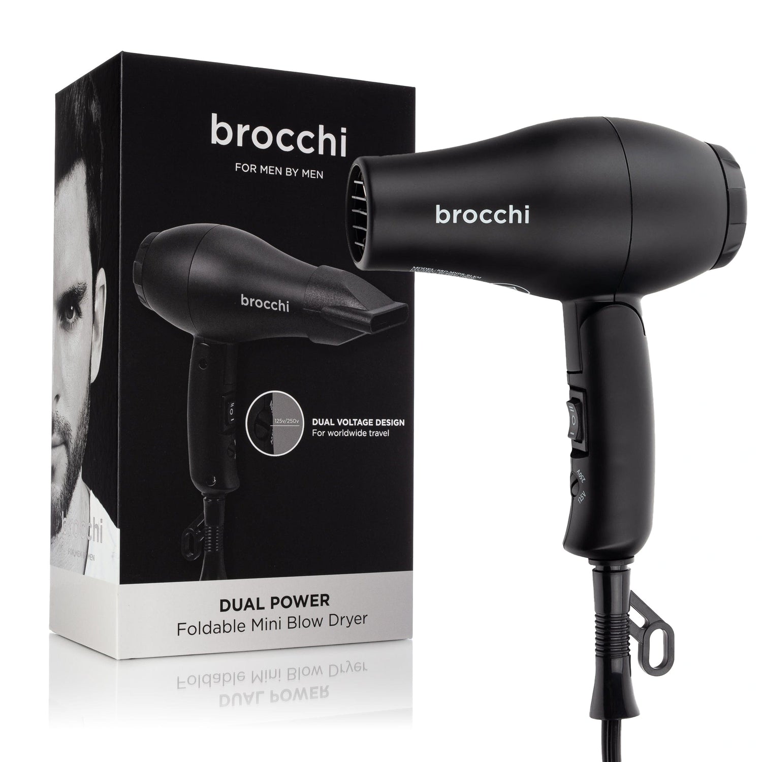 Black brocchi foldable mini blow dryer with packaging on a white background