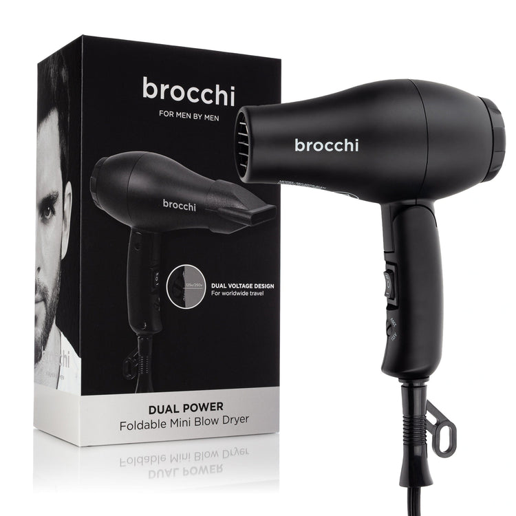 Black brocchi foldable mini blow dryer with packaging on a white background