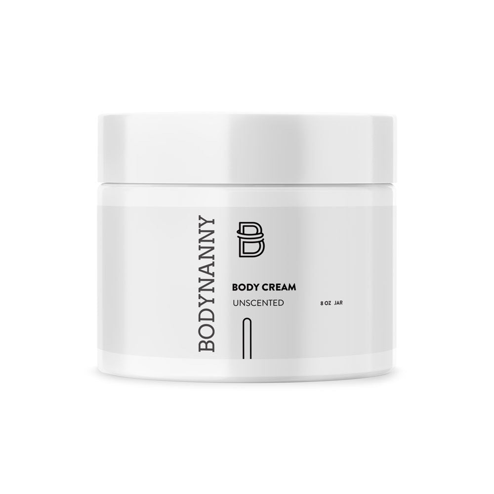 White jar of Body Nanny body cream on a white background