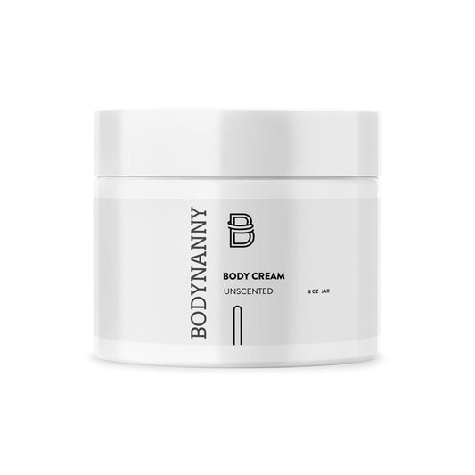 White jar of Body Nanny body cream on a white background