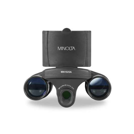 Black binoculars with digital screen displaying a bird on a white background