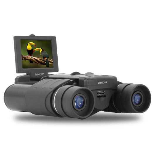 Black binoculars with digital screen displaying a bird on a white background