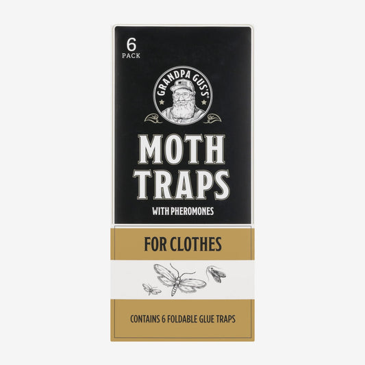 Grandpa Gus' moth traps packaging with a black trap on a white background