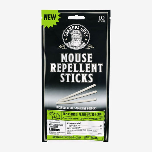 Package of Grandpa Gus' Mouse Repellent Sticks with branding and product details.