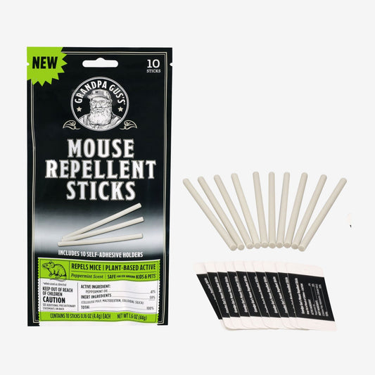 Package of Grandpa Gus' Mouse Repellent Sticks with branding and product details.