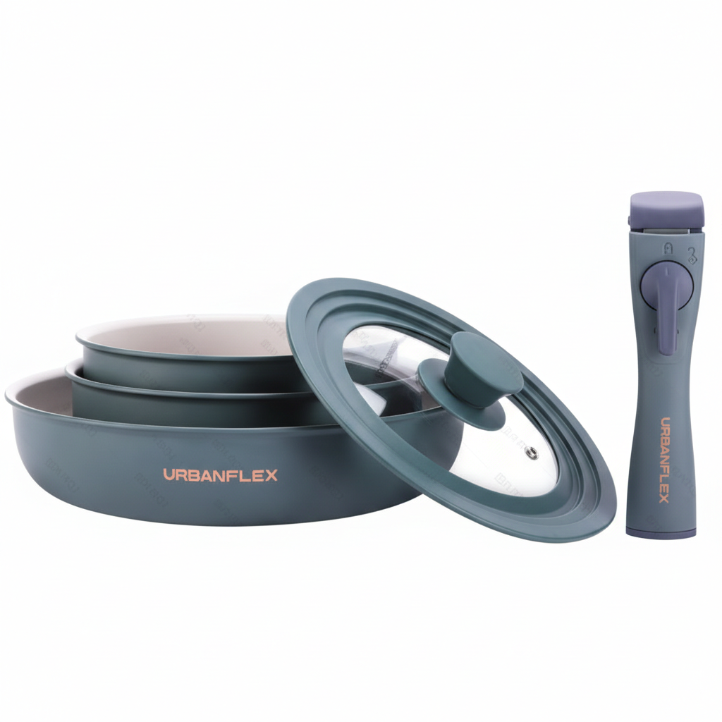 Set of gray cookware with lids and a flashlight on a white background, featuring the Urbanflex brand.