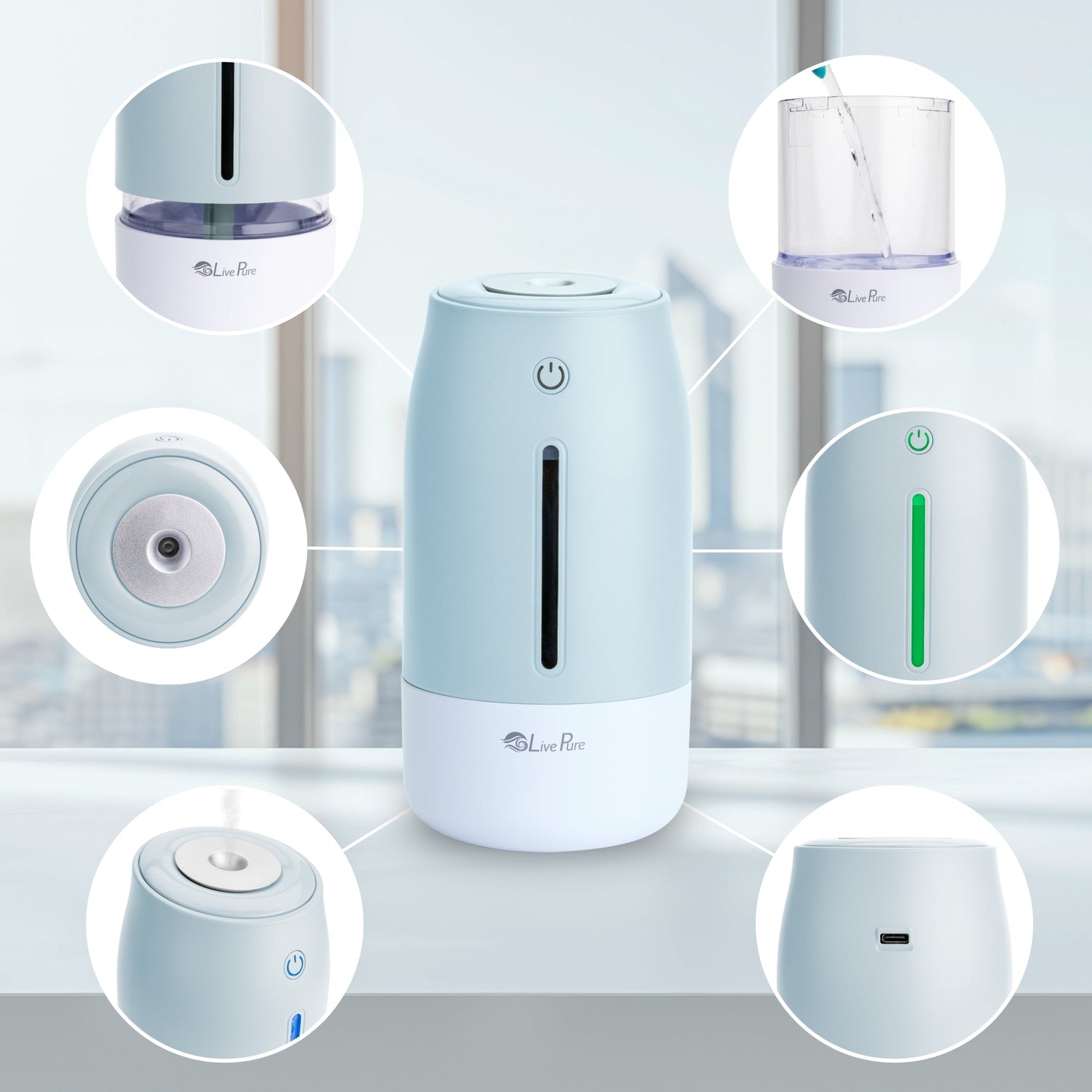 Multifunctional device with various components shown in circular insets on a blurred indoor background.