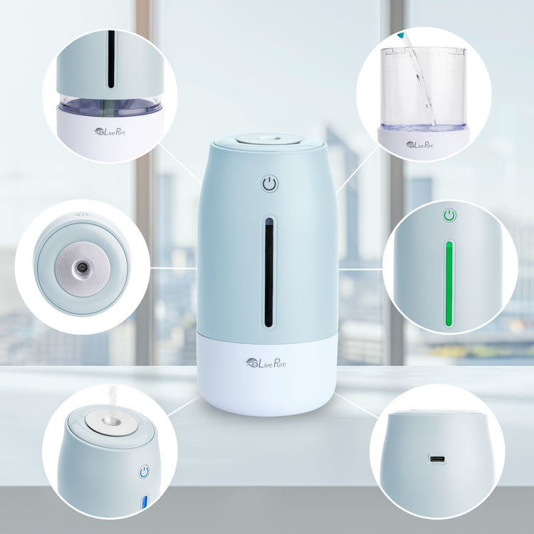 Multifunctional device with various components shown in circular insets on a blurred indoor background.